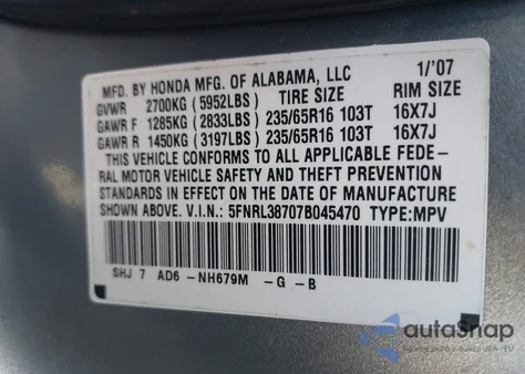 2007 Honda Odyssey Ex-L из США, поврежденный, VIN 5FNRL38707B045470